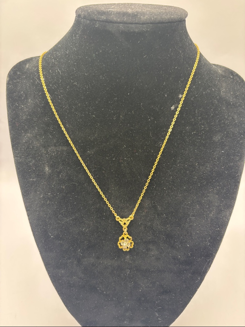 1928 Gold Flower Pendant Necklace with Clear Stones 17”